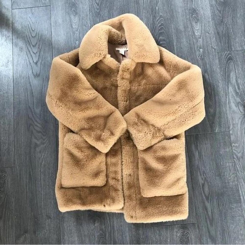 H&M Faux Fur Jacket Tan Brown Oversized Buttons Pockets Collar Size 0